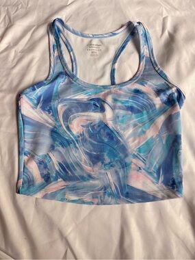 Calvin Klein Performance Marble-Print Racerback Bra in Light Blue & Blush
